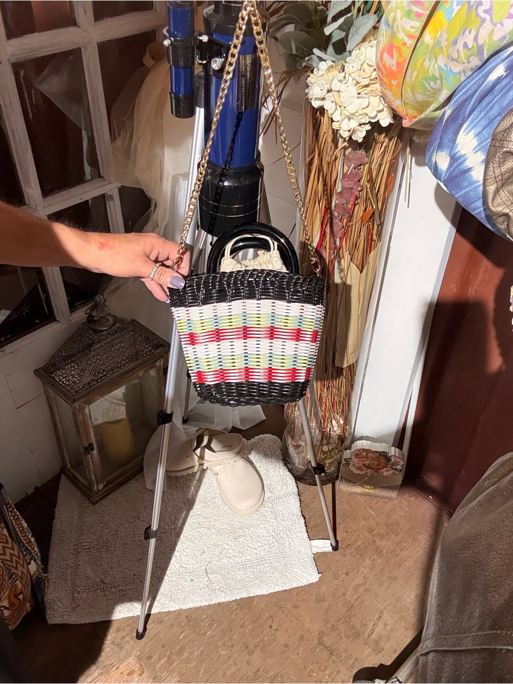 Woven Black Crossbody Basket Bag with Multicolor Stripes